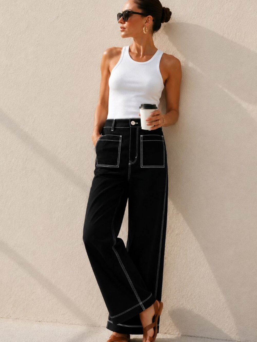 LOFT Black Contrast Stitch Palmer Wide Leg Sailor Pants High Rise NWT Size 0